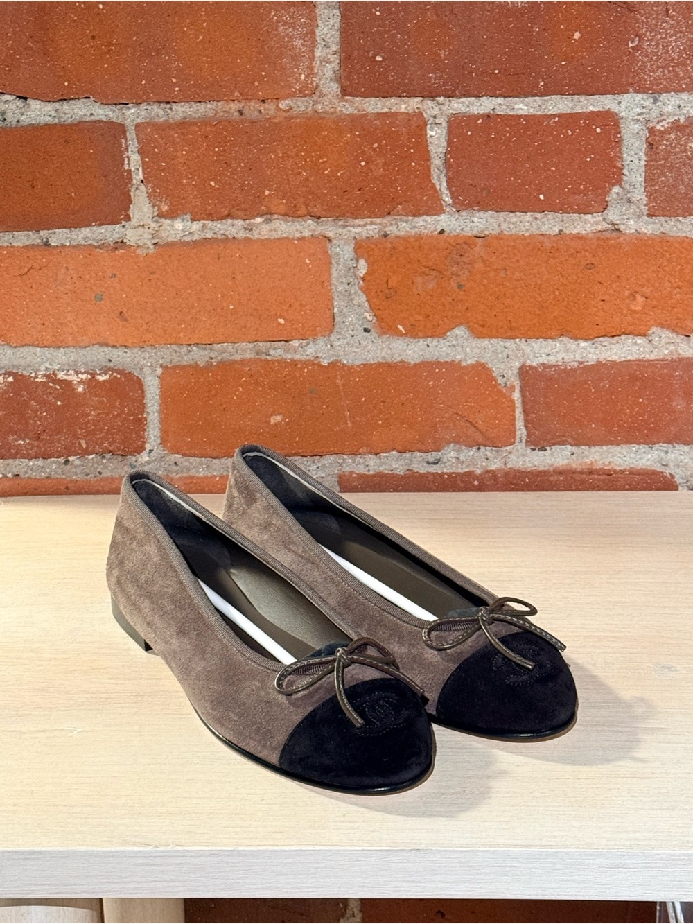 CHANEL Two-Tone Suede Ballet Flats in Brown and Black
